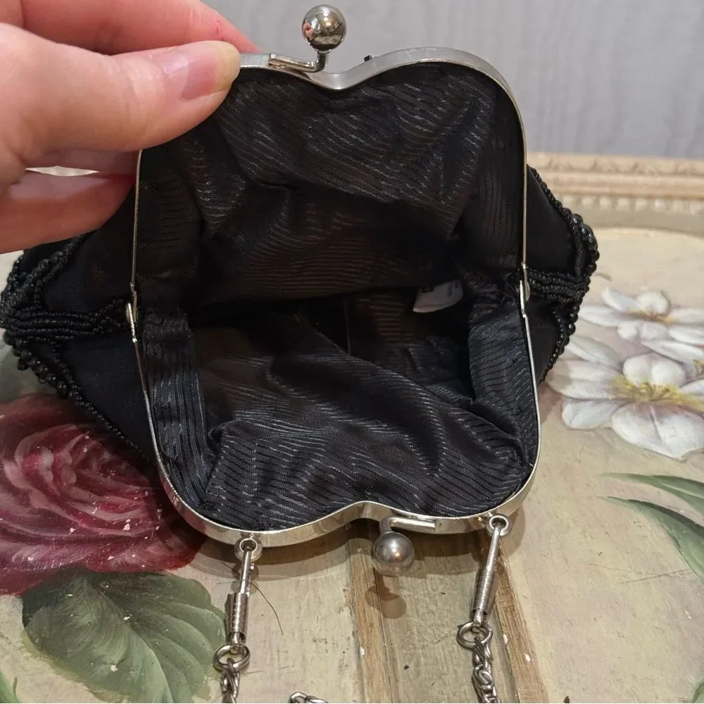 Heavily Beaded KISS Clasp Black Evening Bag Clutch Purse Wristlet Crossbody NWOT
